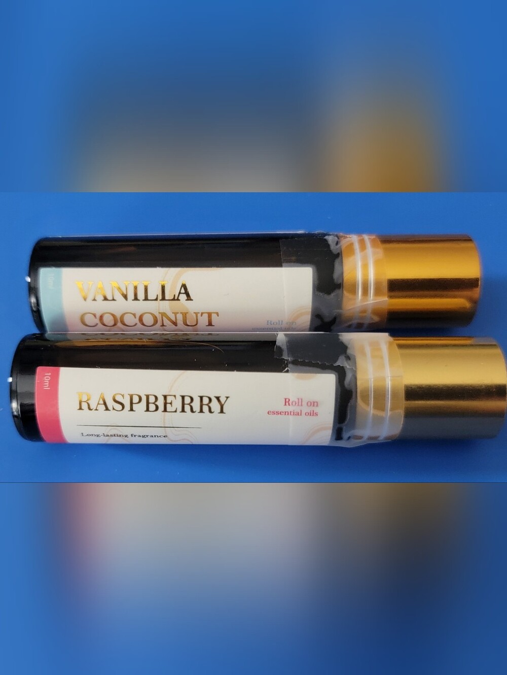 Vanilla Coconut & Raspberry Roll-On Body Oils – Brown Bottles with Gold Caps